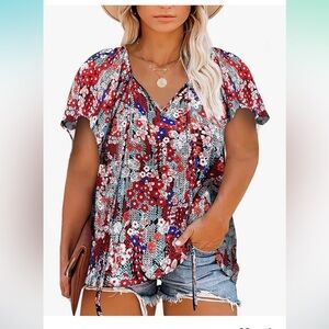 Flutter sleeve tie-neck boho short sleeved blouse